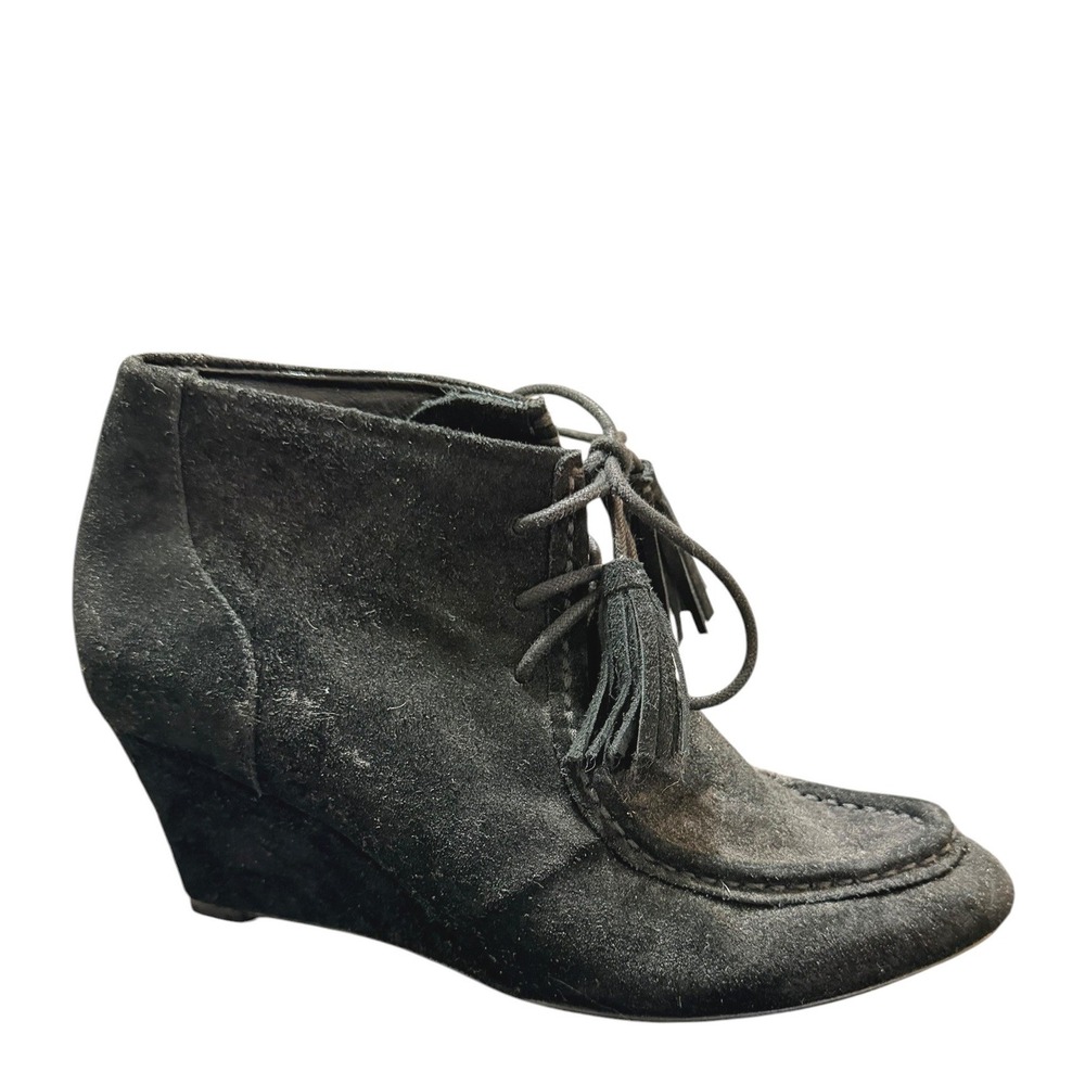 Rebecca Minkoff Mia‎ Black Suede Wedge Tassel Lace Up Ankle Boots 7.5M Boho Fall